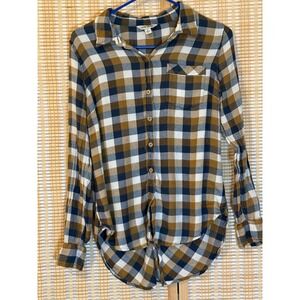 Lucky Brand Womens S Plaid Button Down Shirt Brown Navy Long Sleeve Preppy Work
